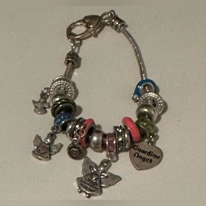 Vintage Guardian Angel Beaded Charm Bracelet Siver tone Multi Color Beads